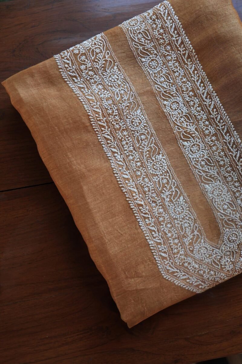 Orange Linen Chikankari Unstitched Men's Kurta Fabric