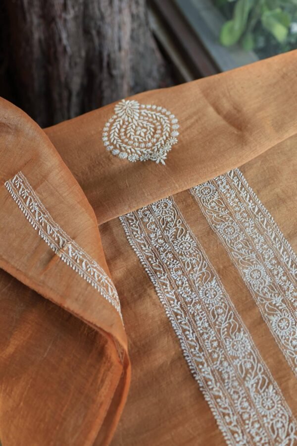 Orange Linen Chikankari Unstitched Men's Kurta Fabric