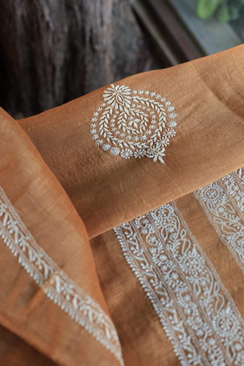 Orange Linen Chikankari Unstitched Men's Kurta Fabric
