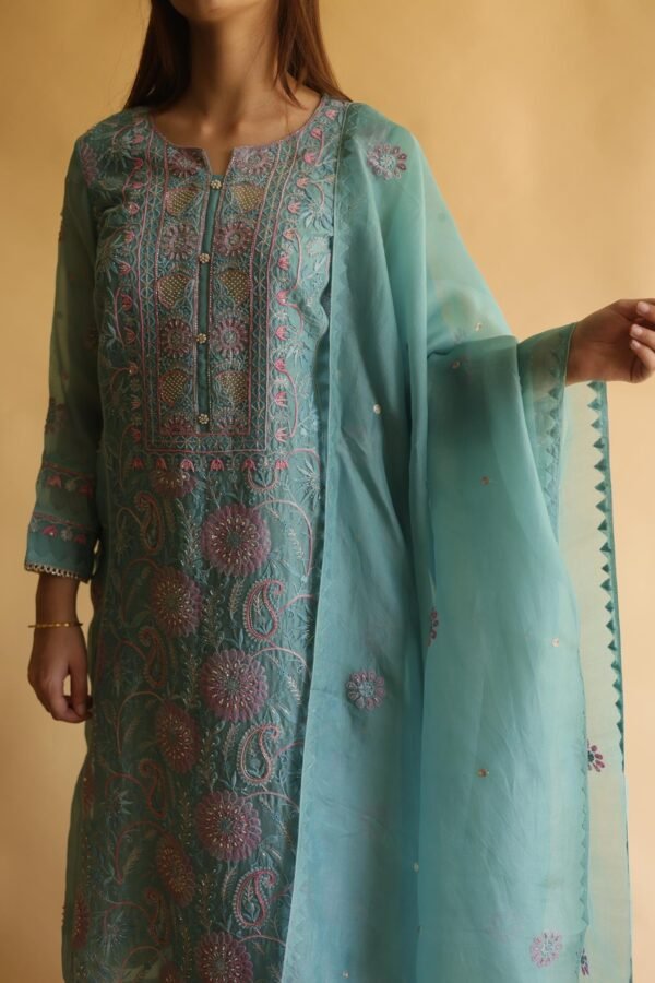 Blue Noor Organza Silk Chikankari Straight Cut Kurta Dupatta Set - Image 2