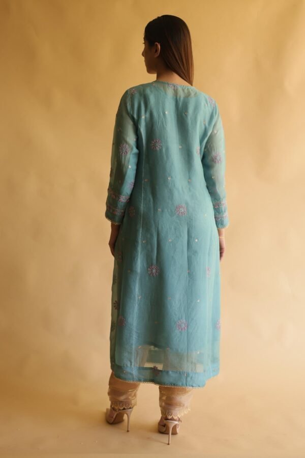 Blue Noor Organza Silk Chikankari Straight Cut Kurta Dupatta Set - Image 11