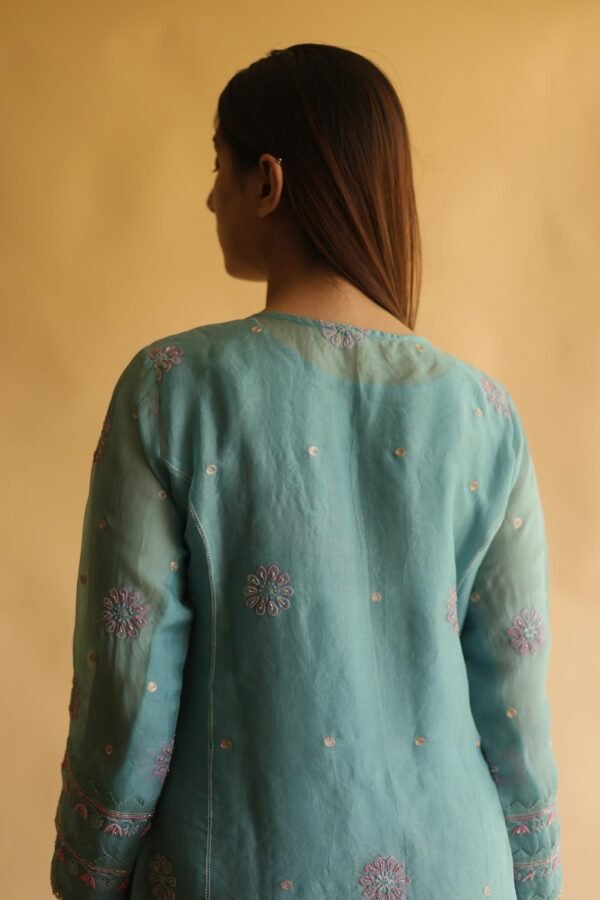 Blue Noor Organza Silk Chikankari Straight Cut Kurta Dupatta Set - Image 12