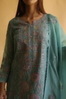 Blue Noor Organza Silk Chikankari Straight Cut Kurta Dupatta Set