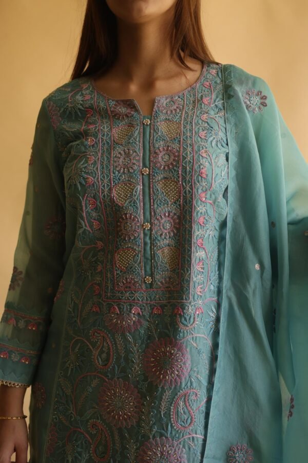 Blue Noor Organza Silk Chikankari Straight Cut Kurta Dupatta Set - Image 3