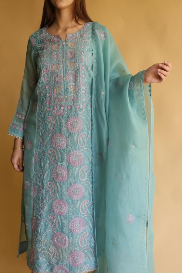 Blue Noor Organza Silk Chikankari Straight Cut Kurta Dupatta Set - Image 4