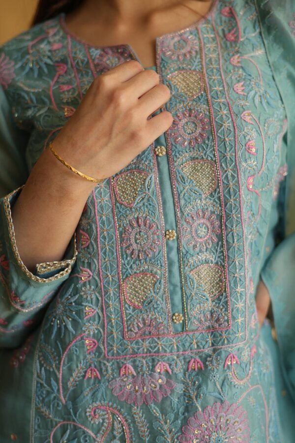 Blue Noor Organza Silk Chikankari Straight Cut Kurta Dupatta Set - Image 5