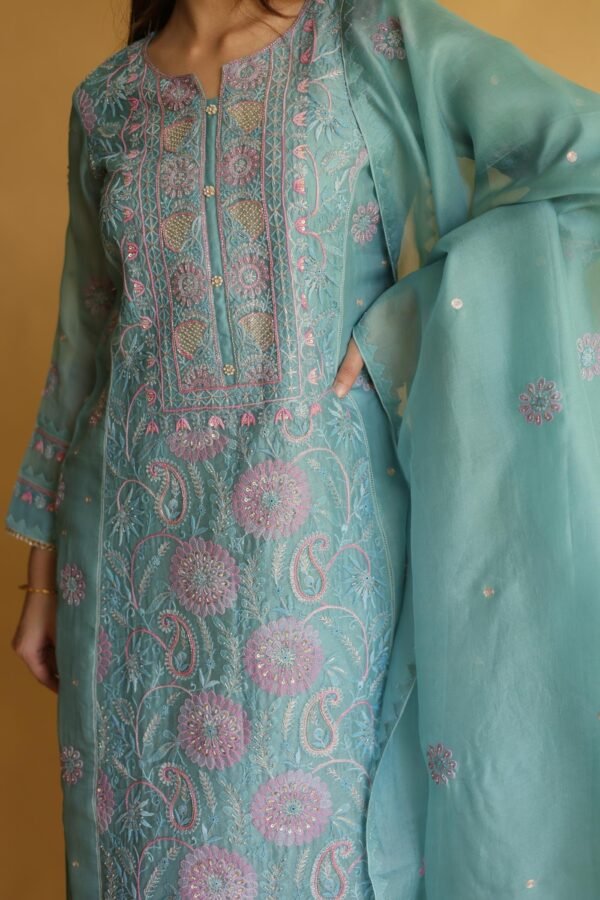 Blue Noor Organza Silk Chikankari Straight Cut Kurta Dupatta Set - Image 6