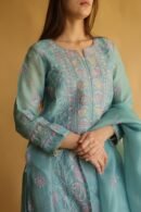 Blue Noor Organza Silk Chikankari Straight Cut Kurta Dupatta Set