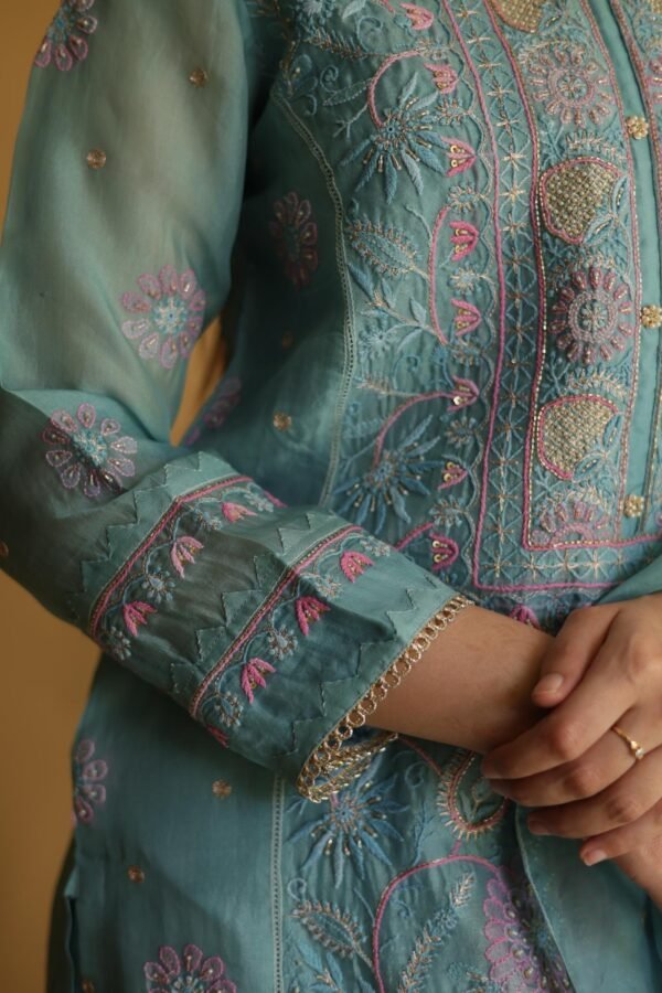 Blue Noor Organza Silk Chikankari Straight Cut Kurta Dupatta Set - Image 8