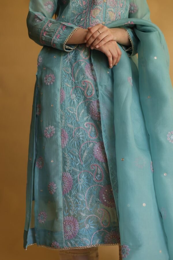 Blue Noor Organza Silk Chikankari Straight Cut Kurta Dupatta Set - Image 9