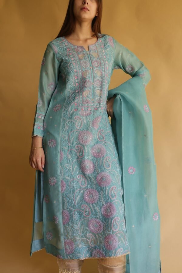 Blue Noor Organza Silk Chikankari Straight Cut Kurta Dupatta Set - Image 10