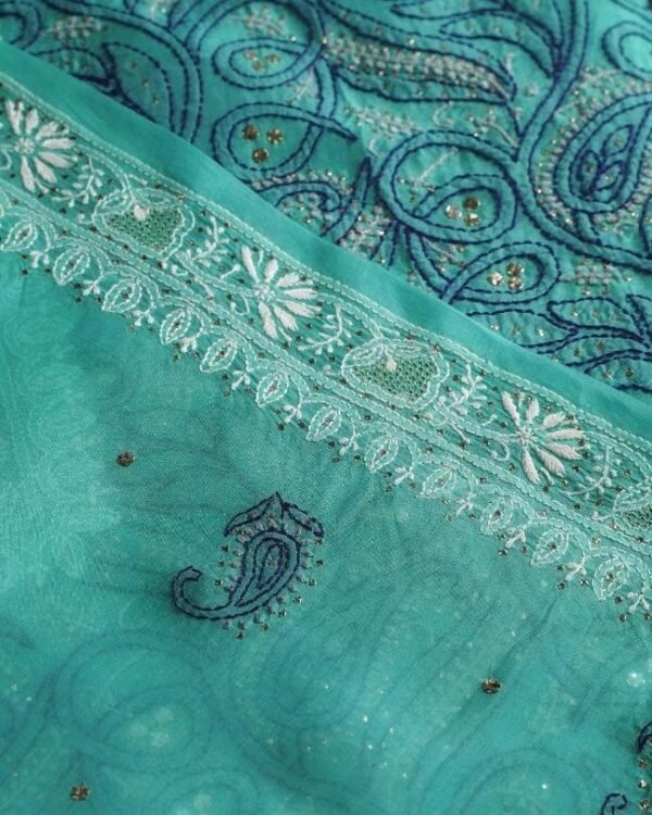 Blue Noor Organza Silk Chikankari With Mukaish Kamdani Fabric - Image 7