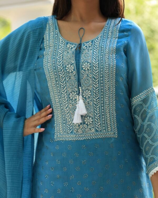 Blue Mukaish Kamdani Noor Organza Chikankari Kurta Set - Image 14