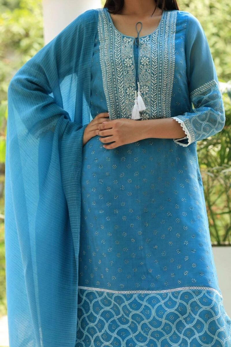 Blue Mukaish Kamdani Noor Organza Chikankari Kurta Set