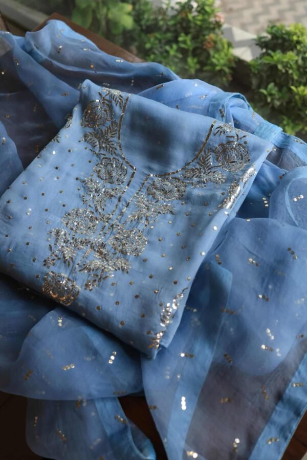 Blue Noor Organza Silk Mukaish Badla Unstitched Kurta Dupatta Set - Image 13