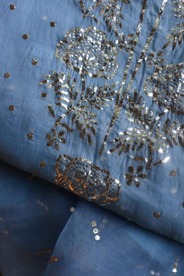 Blue Noor Organza Silk Mukaish Badla Unstitched Kurta Dupatta Set - Image 2