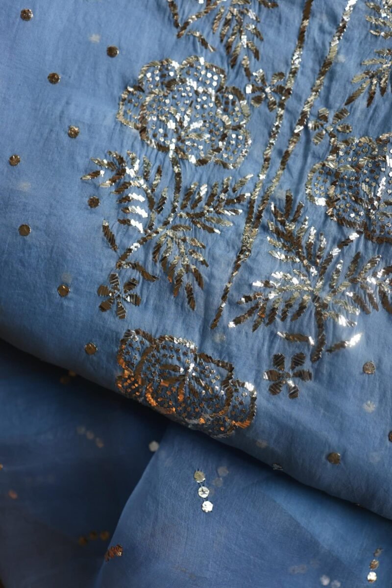 Blue Noor Organza Silk Mukaish Badla Unstitched Kurta Dupatta Set