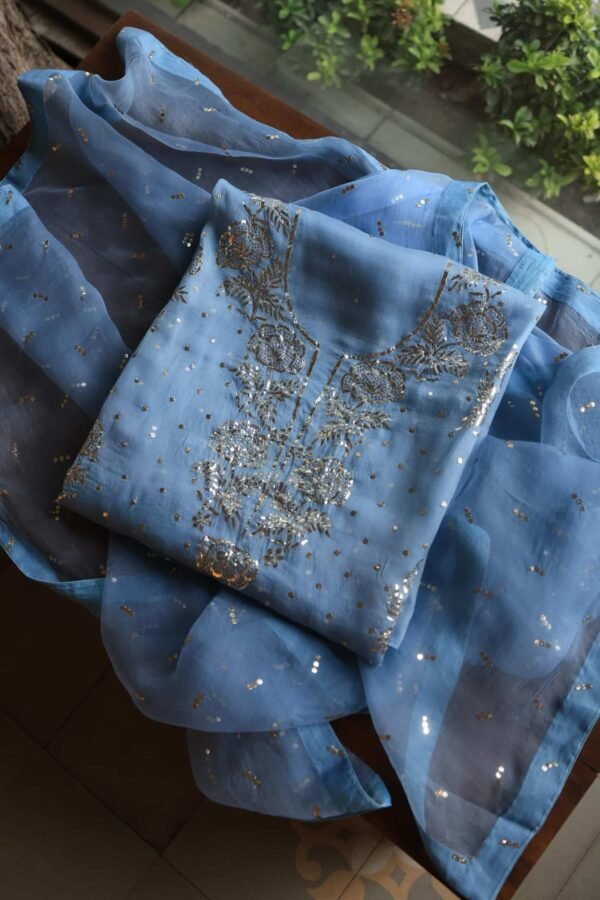 Blue Noor Organza Silk Mukaish Badla Unstitched Kurta Dupatta Set - Image 3