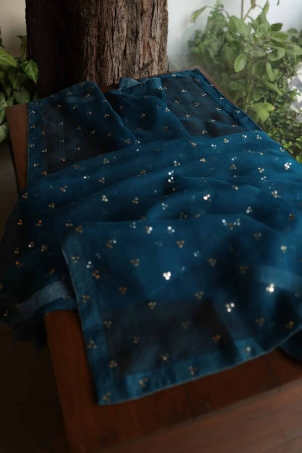 Blue Noor Organza Silk Mukaish Badla Unstitched Kurta Dupatta Set - Image 10