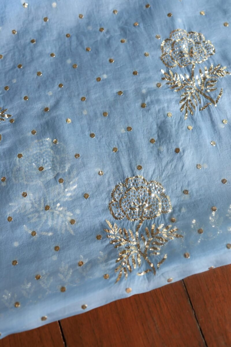 Blue Noor Organza Silk Mukaish Badla Unstitched Kurta Dupatta Set
