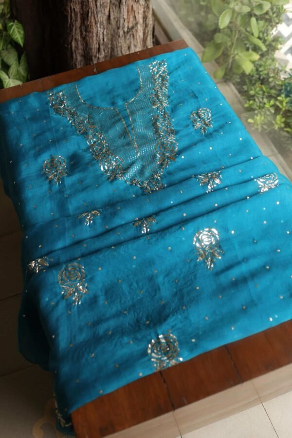 Blue Noor Organza Silk Mukaish Badla Unstitched Kurta Dupatta Set - Image 4