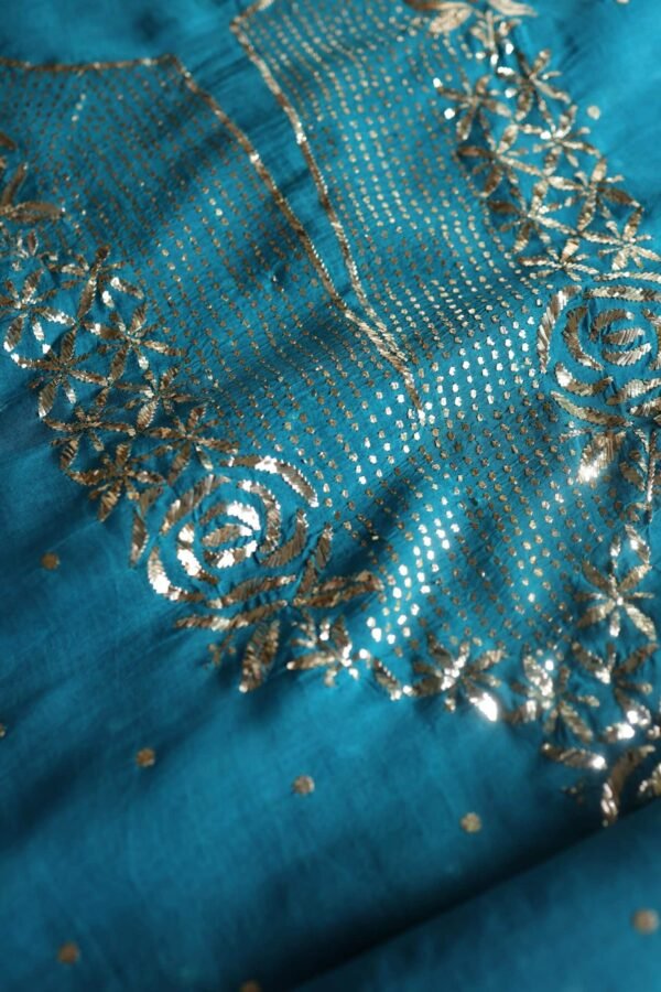 Blue Noor Organza Silk Mukaish Badla Unstitched Kurta Dupatta Set - Image 6