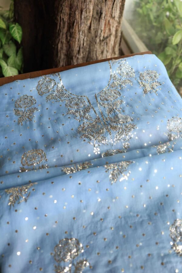 Blue Noor Organza Silk Mukaish Badla Unstitched Kurta Dupatta Set - Image 8