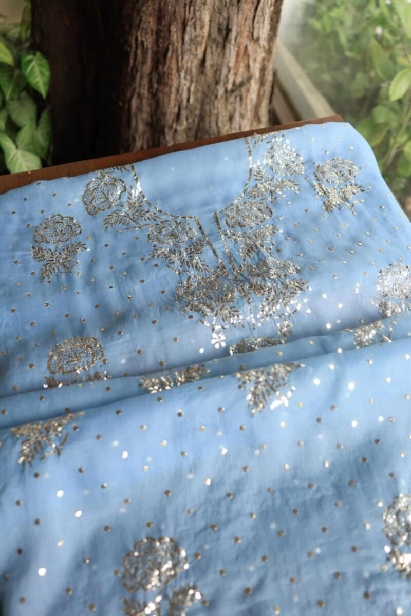 Blue Noor Organza Silk Mukaish Badla Unstitched Kurta Dupatta Set