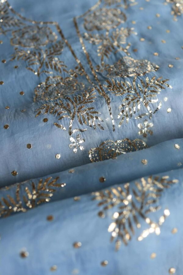 Blue Noor Organza Silk Mukaish Badla Unstitched Kurta Dupatta Set - Image 9