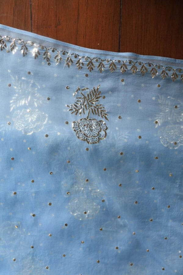 Blue Noor Organza Silk Mukaish Badla Unstitched Kurta Dupatta Set - Image 10