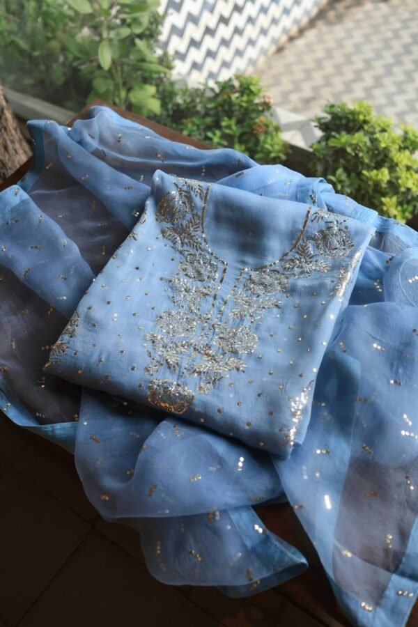 Blue Noor Organza Silk Mukaish Badla Unstitched Kurta Dupatta Set - Image 11