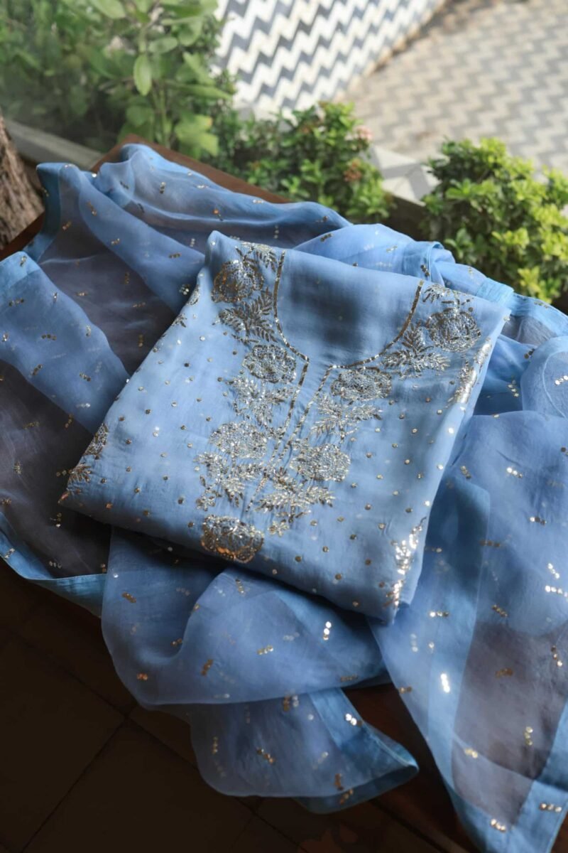 Blue Noor Organza Silk Mukaish Badla Unstitched Kurta Dupatta Set