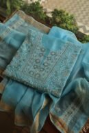 Blue Paper Tussar Resham Chikankari Unstitched Kurta Dupatta Set