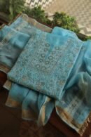 Blue Paper Tussar Resham Chikankari Unstitched Kurta Dupatta Set