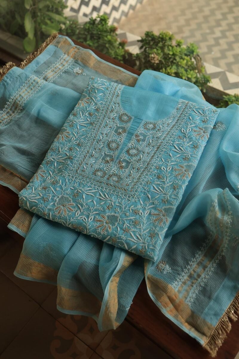 Blue Paper Tussar Resham Chikankari Unstitched Kurta Dupatta Set