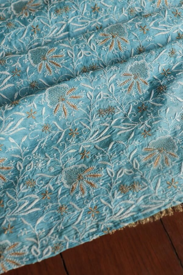 Blue Paper Tussar Resham Chikankari Unstitched Kurta Dupatta Set - Image 5