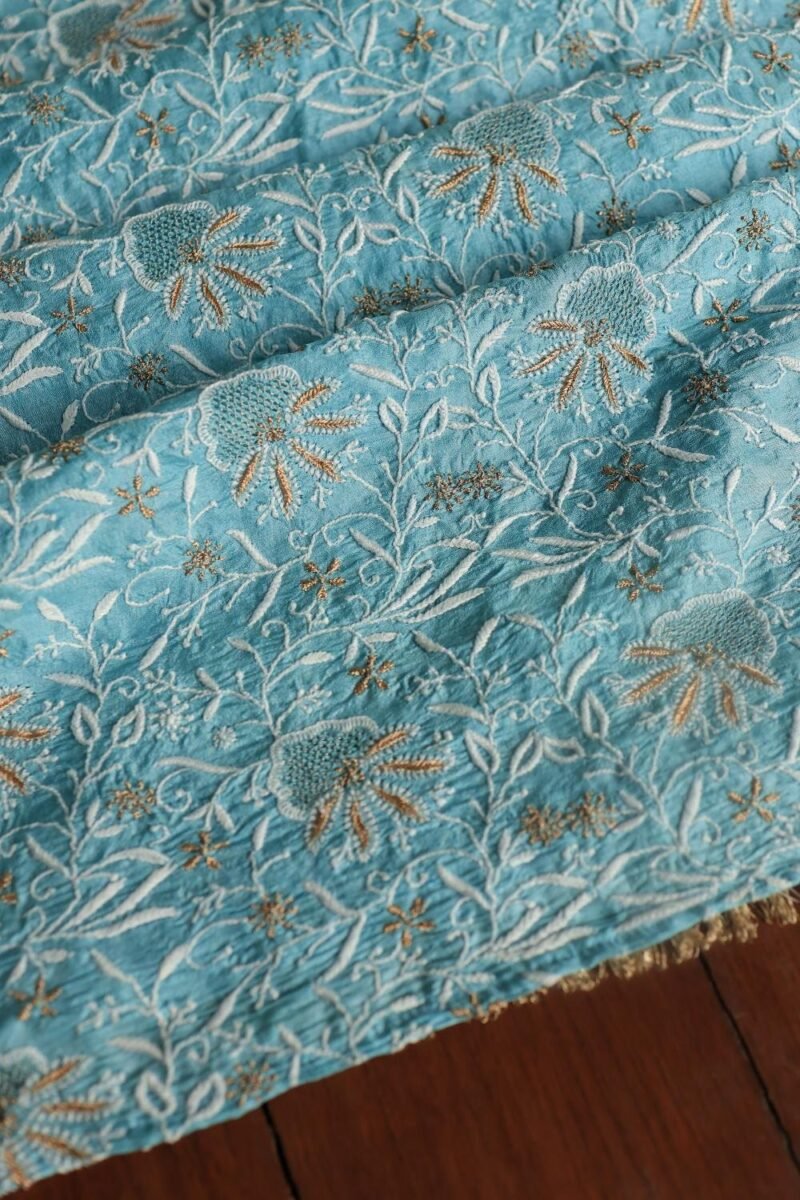 Blue Paper Tussar Resham Chikankari Unstitched Kurta Dupatta Set