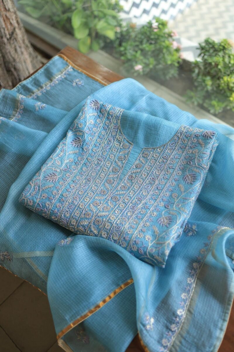 Blue Rasm Kota Tussar Chikankari Unstitched Chikankari Fabrics