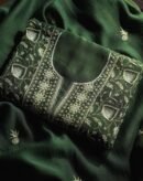 Bottle Green Mal Chanderi Silk Chikankari With Sequins Unstitched Kurta Dupatta Set
