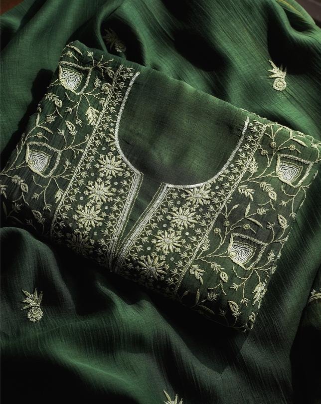 Bottle Green Mal Chanderi Silk Chikankari With Sequins Unstitched Kurta Dupatta Set