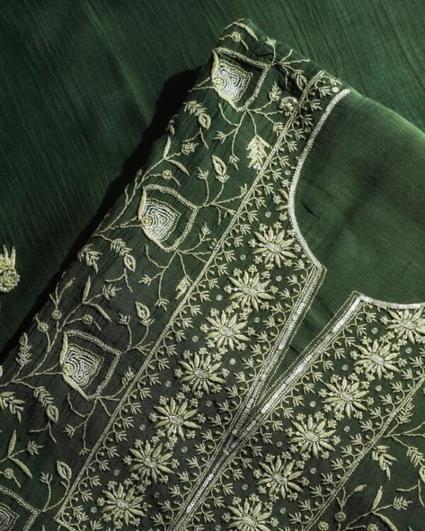 Bottle Green Mal Chanderi Silk Chikankari With Sequins Unstitched Kurta Dupatta Set - Image 3