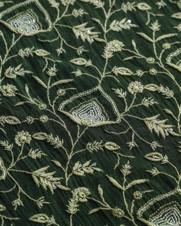 Bottle Green Mal Chanderi Silk Chikankari With Sequins Unstitched Kurta Dupatta Set - Image 6
