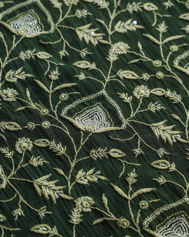 Bottle Green Mal Chanderi Silk Chikankari With Sequins Unstitched Kurta Dupatta Set