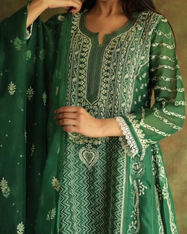Bottle Green Noor Organza Chikankari Anarkali - Image 2
