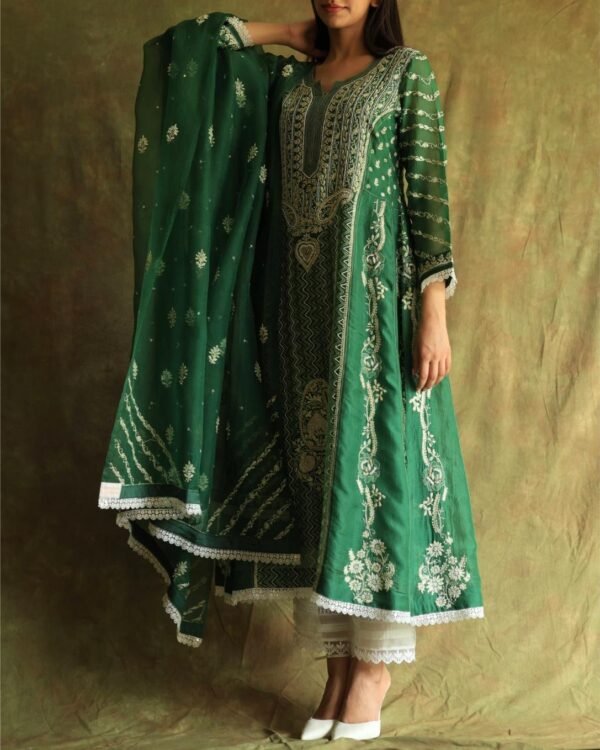 Bottle Green Noor Organza Chikankari Anarkali - Image 10