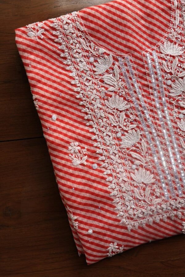 Carrot Pink Kota Cotton Chikankari Unstitched Kurta Fabrics - Image 3