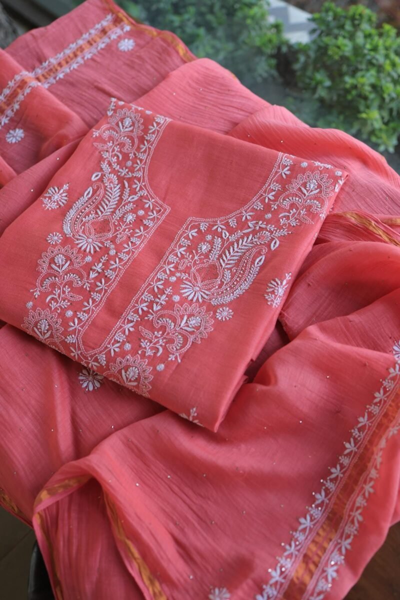 Carrot Pink Mal Cotton Chikankari Unstitched Kurta Dupatta Fabrics With Kamdani