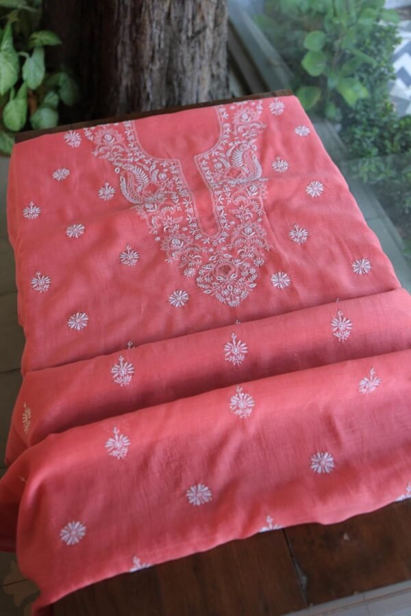Carrot Pink Mal Cotton Chikankari Unstitched Kurta Dupatta Fabrics With Kamdani - Image 3