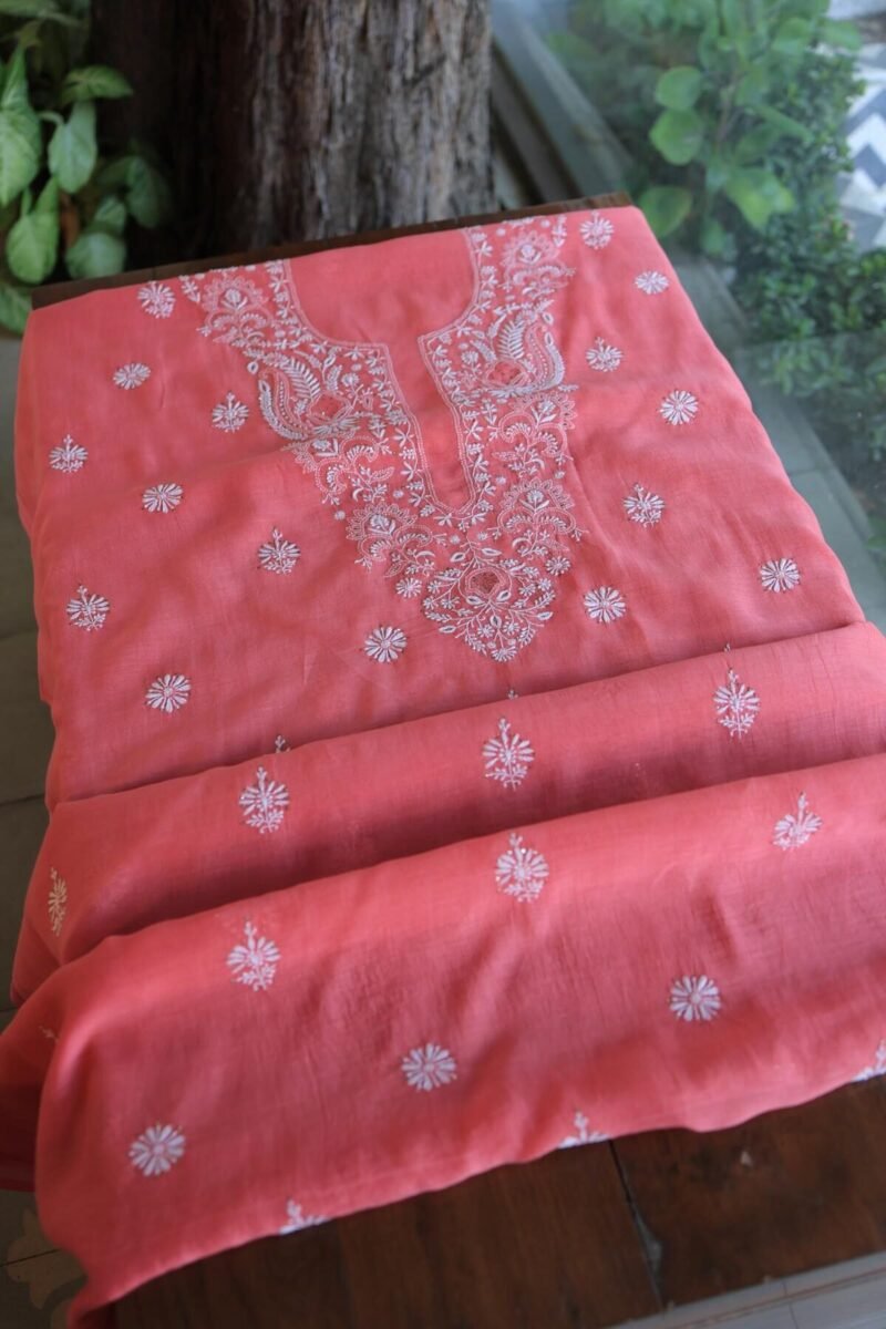 Carrot Pink Mal Cotton Chikankari Unstitched Kurta Dupatta Fabrics With Kamdani