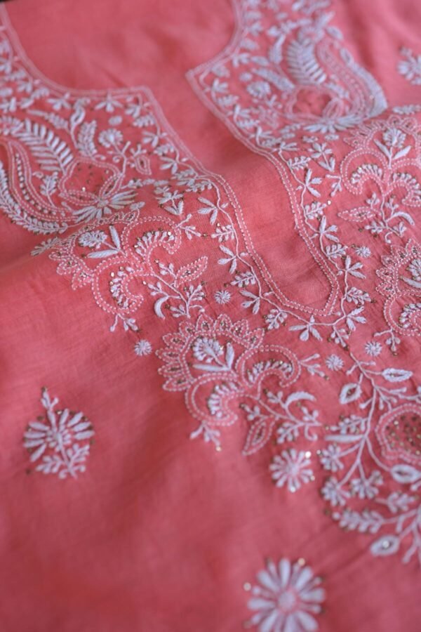 Carrot Pink Mal Cotton Chikankari Unstitched Kurta Dupatta Fabrics With Kamdani - Image 5